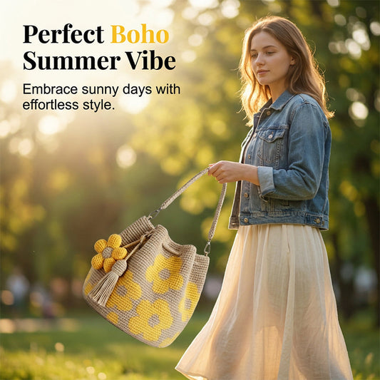 🌻 Handmade crochet bag with floral pattern – lightweight cotton blend, spacious & boho – perfect for summer & beach