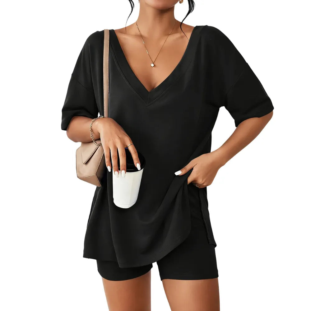 Oversized V-Neck Pajama Set for Women Soft Lightweight 2-Piece Loungewear
