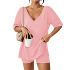 Oversized V-Neck Pajama Set for Women Soft Lightweight 2-Piece Loungewear