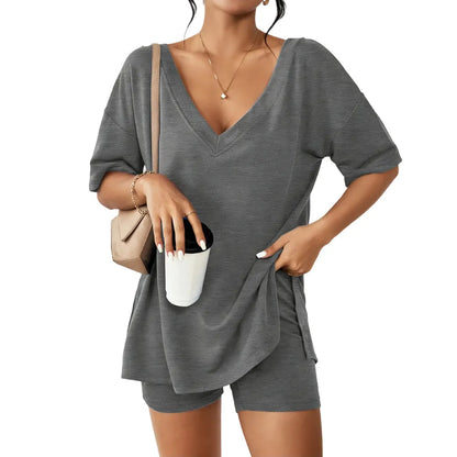 Oversized V-Neck Pajama Set for Women Soft Lightweight 2-Piece Loungewear