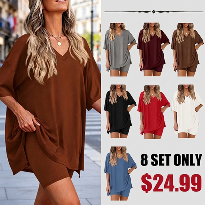 Oversized V-Neck Pajama Set for Women Soft Lightweight 2-Piece Loungewear