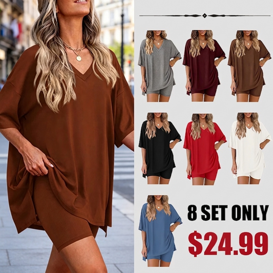 Oversized V-Neck Pajama Set for Women Soft Lightweight 2-Piece Loungewear